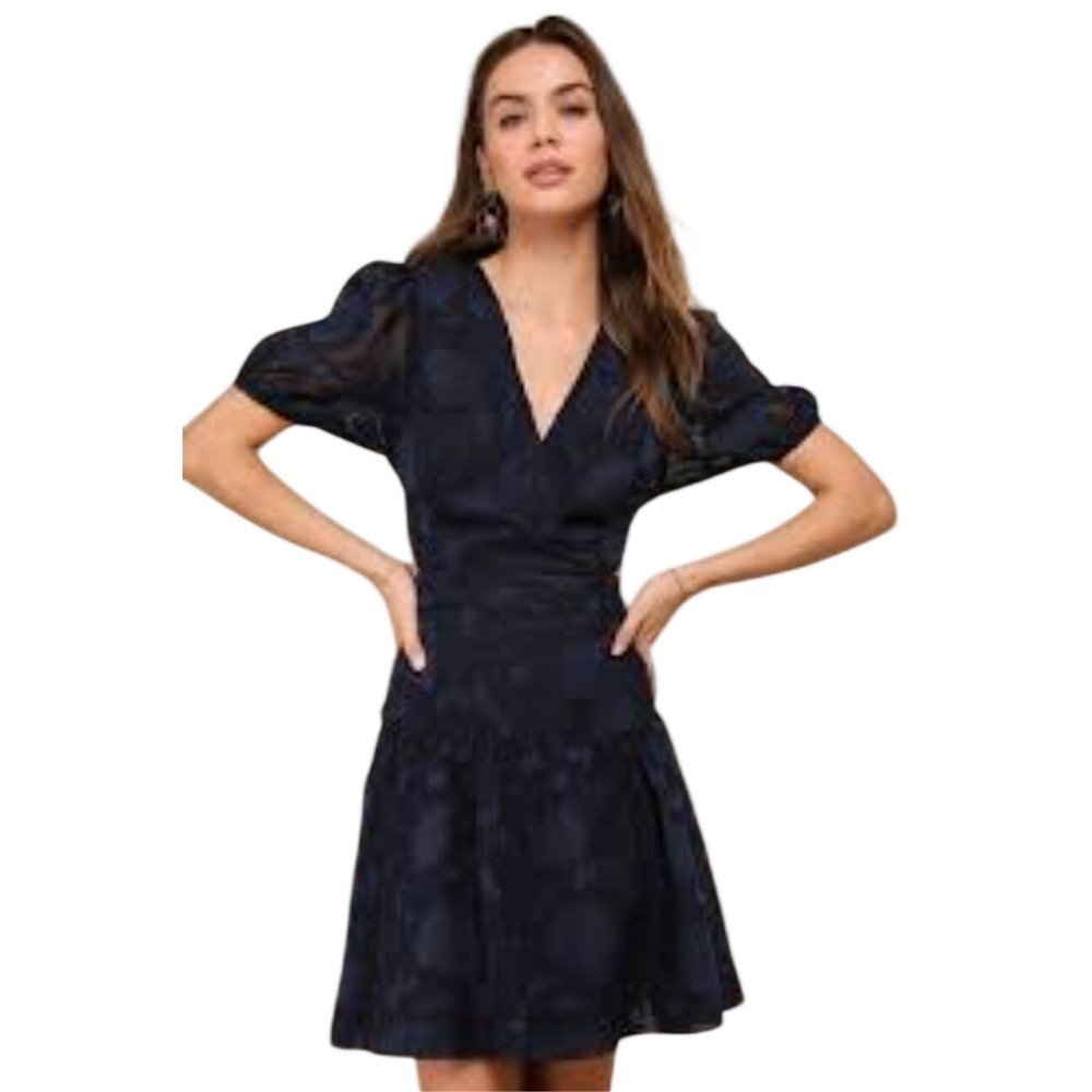 Lulus Navy Blue Floral Burnout Open Back Puff Sleeve Mini Dress Size S NWT $89